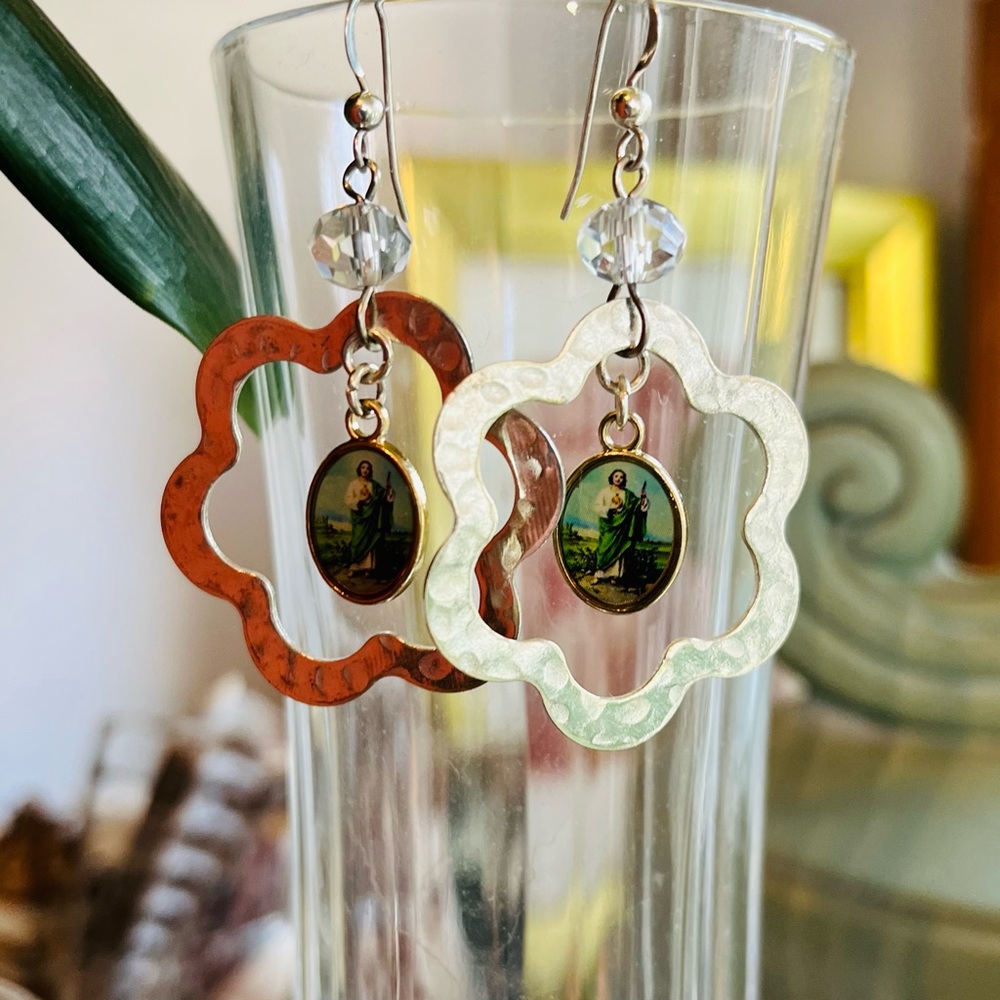 SOLD St. Jude Hammered Silver Dangle Earrings - Picture 11 of 16